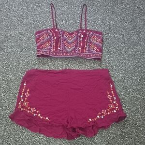 Xhilaration Burgundy Embroidered Matching Short Set Top L Bottom XXL Summer